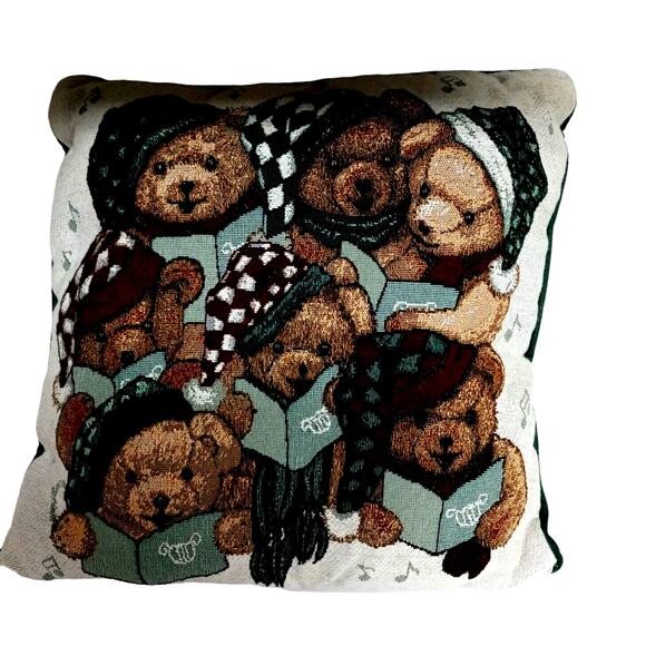 Vintage Christmas Teddy Bear Choir Pillow Holiday Decor Singing Bears 15x15 - Picture 1 of 9